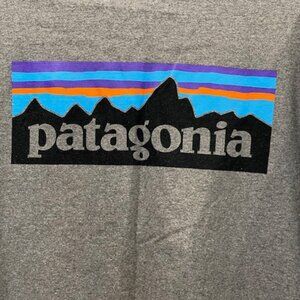 Patagonia Logo T-Shirt Long Sleeve Grey Blue Responsibili-Tee Size Small